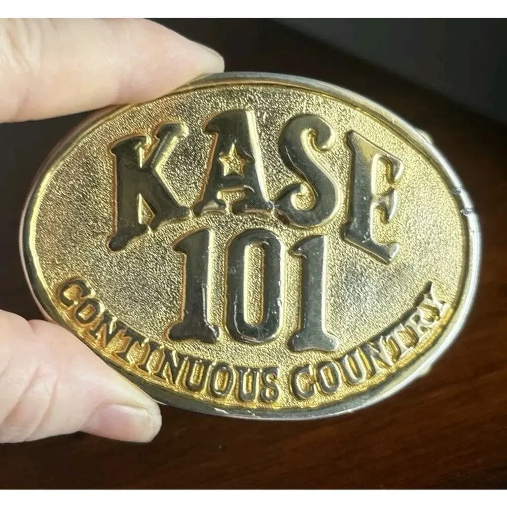 Vtg 70s KASE 101 Brass Belt Buckle Country Western Radio Station Austin TX Gold
